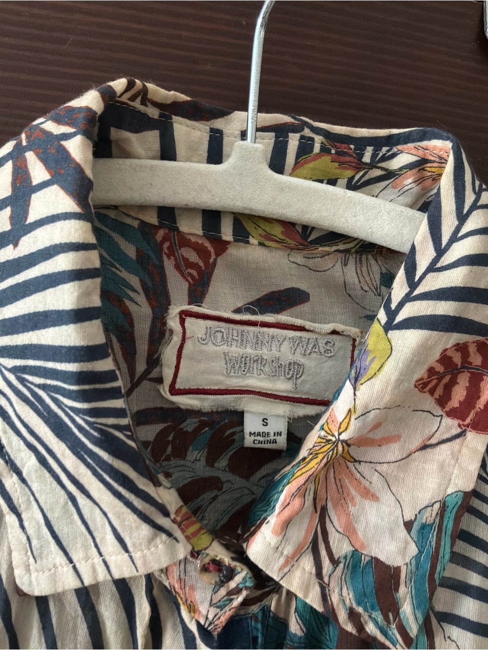 Johnny Was Floral Striped Cotton Button-Up in Cream, Navy, Teal, Pink, Yellow